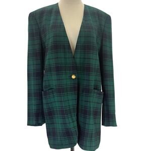 Jones New York Plaid Blazer Jacket Women's 8 Green Blue USA Single Button
